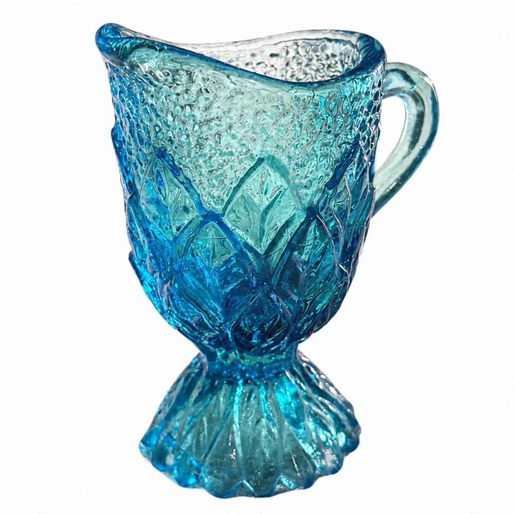 1970s Vintage Kanawha Glass aqua blue pressed glass miniature pitcher
